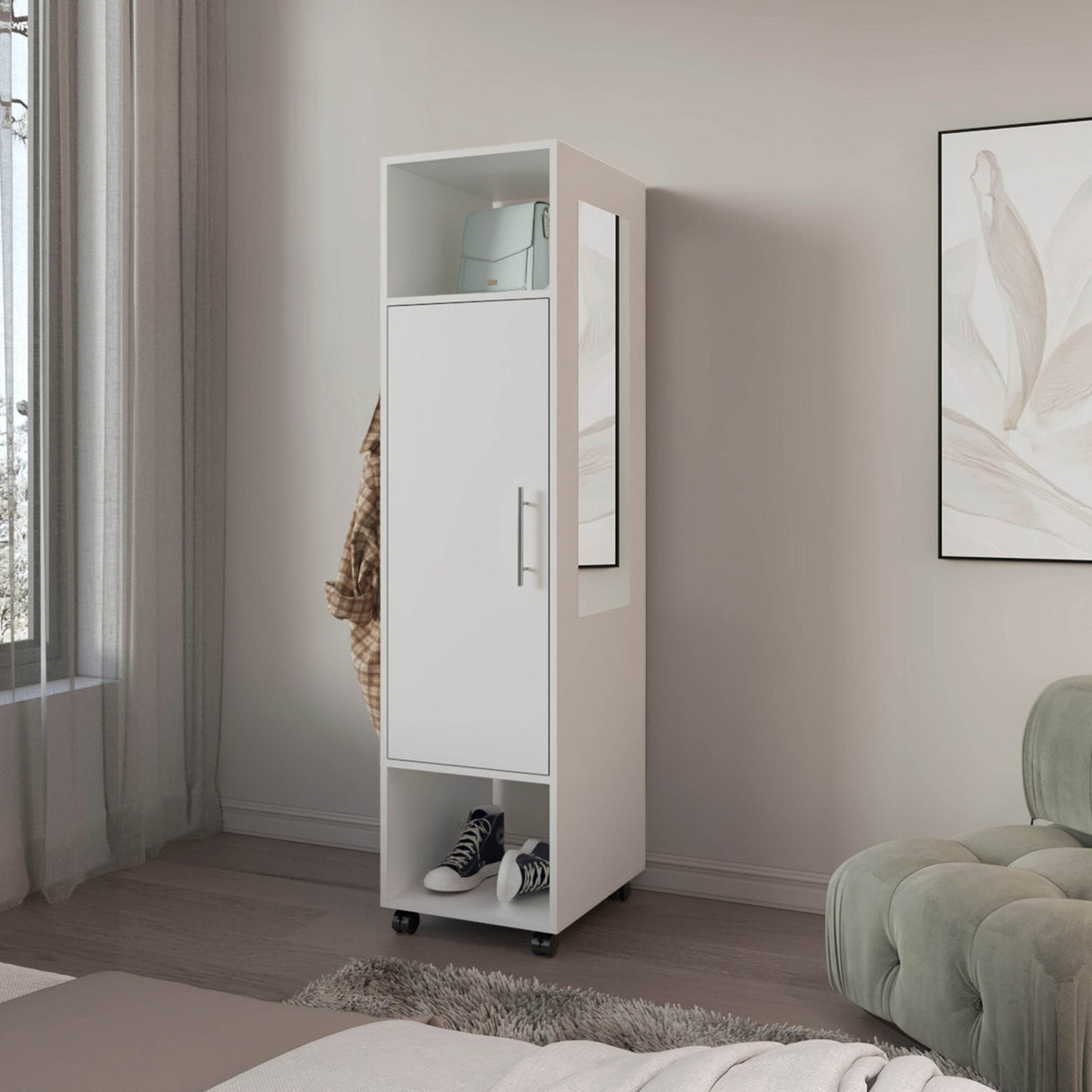 White Engineered Wood Armoire With Full-Length Mirror