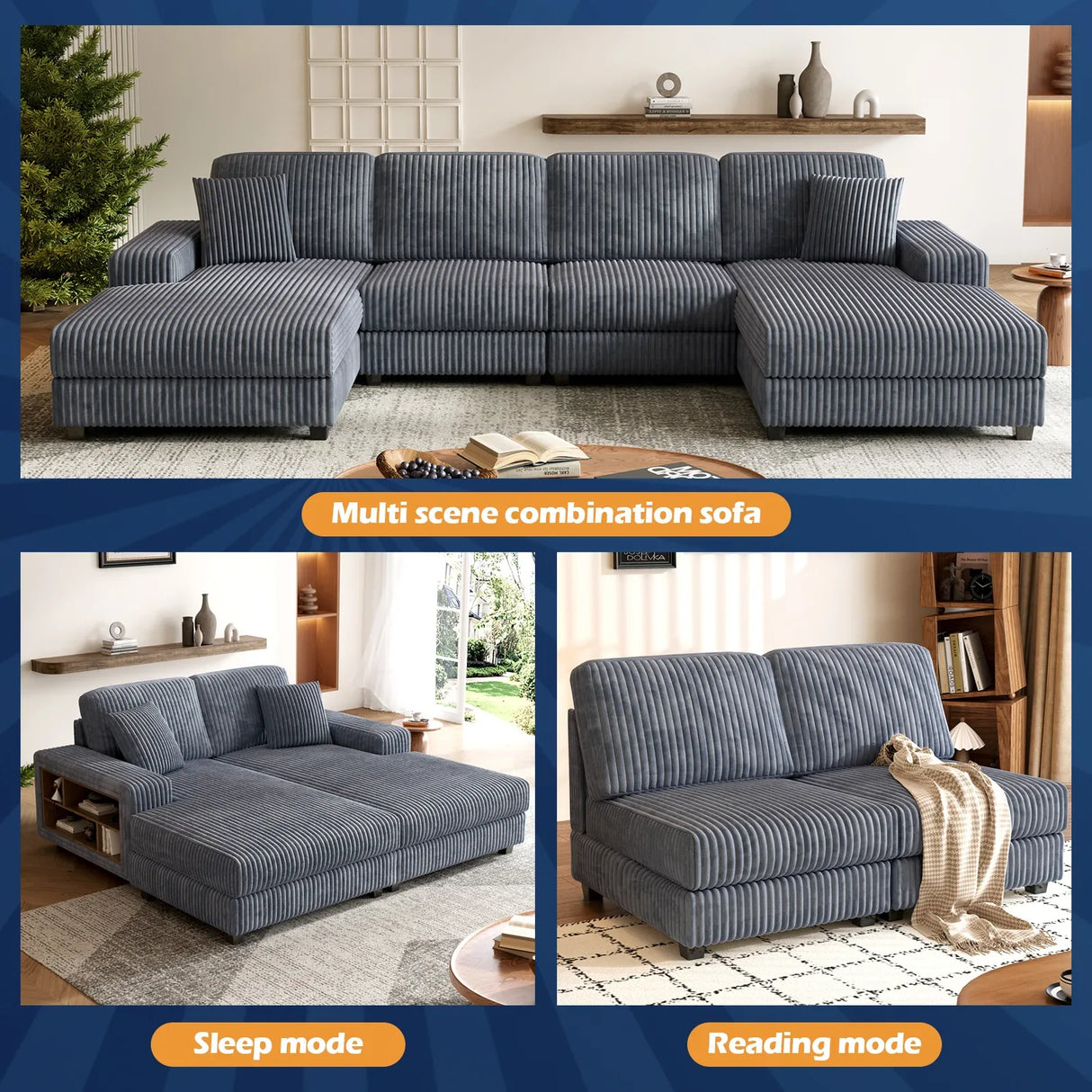 Modern Convertible U-Shaped Corduroy Fabric Sofa - Omega Lifestyles