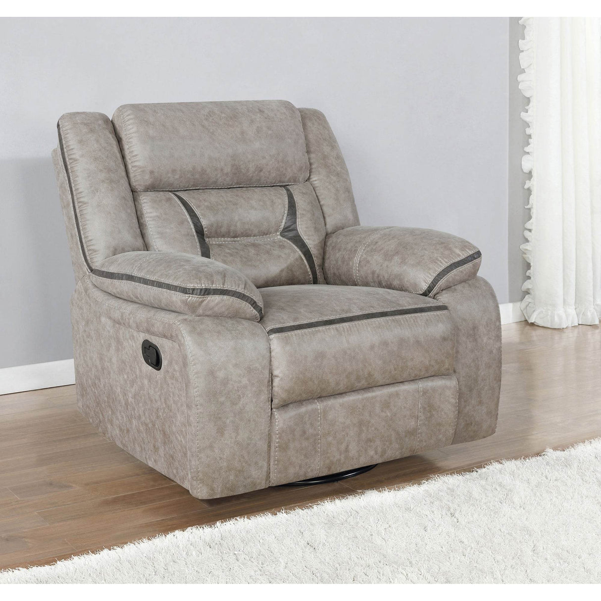 Taupe Upholstered Swivel Glider Recliner With Pillow Top Arms