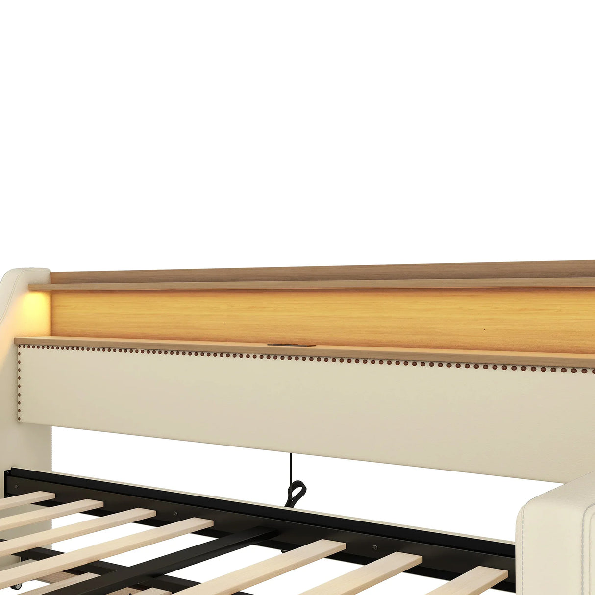 Twin PU Leather Daybed With Trundle Charging Station LED Light - Omega Lifestyles