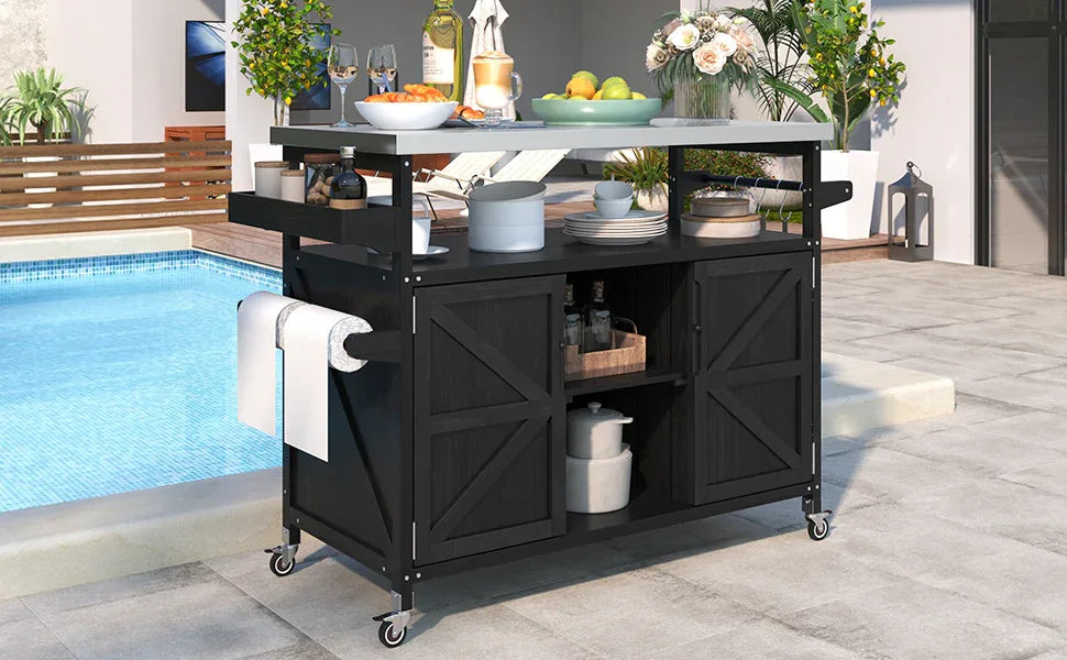 Farmhouse Solid Fir Wood Outdoor Kitchen Island Cart - Omega Lifestyles