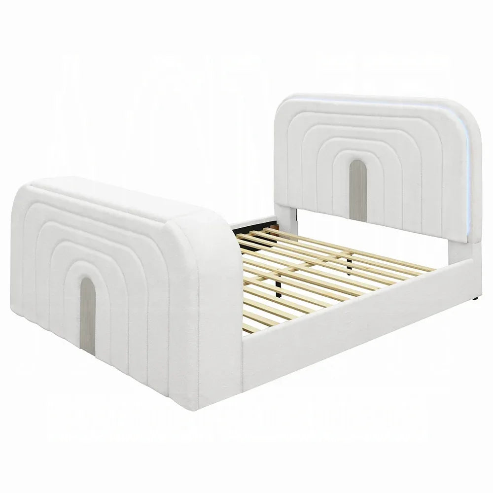 White Teddy Sherpa Floating King Bed With LED Fireplace - Omega Lifestyles