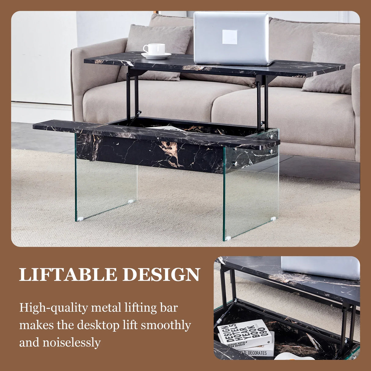 Lift-Top Coffee Table With Storage Black Marble Glass - Omega Lifestyles