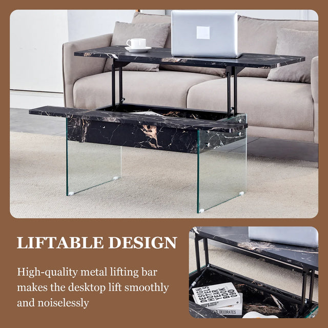 Lift-Top Coffee Table With Storage Black Marble Glass - Omega Lifestyles