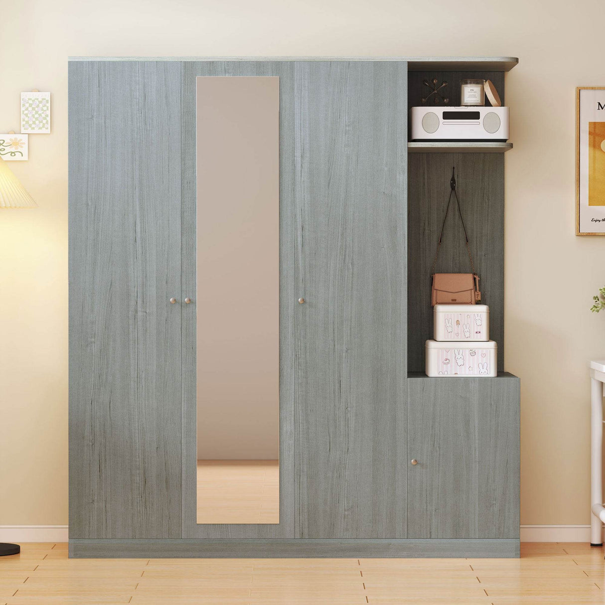 4-Door Particle Board Wardrobe With Mirror