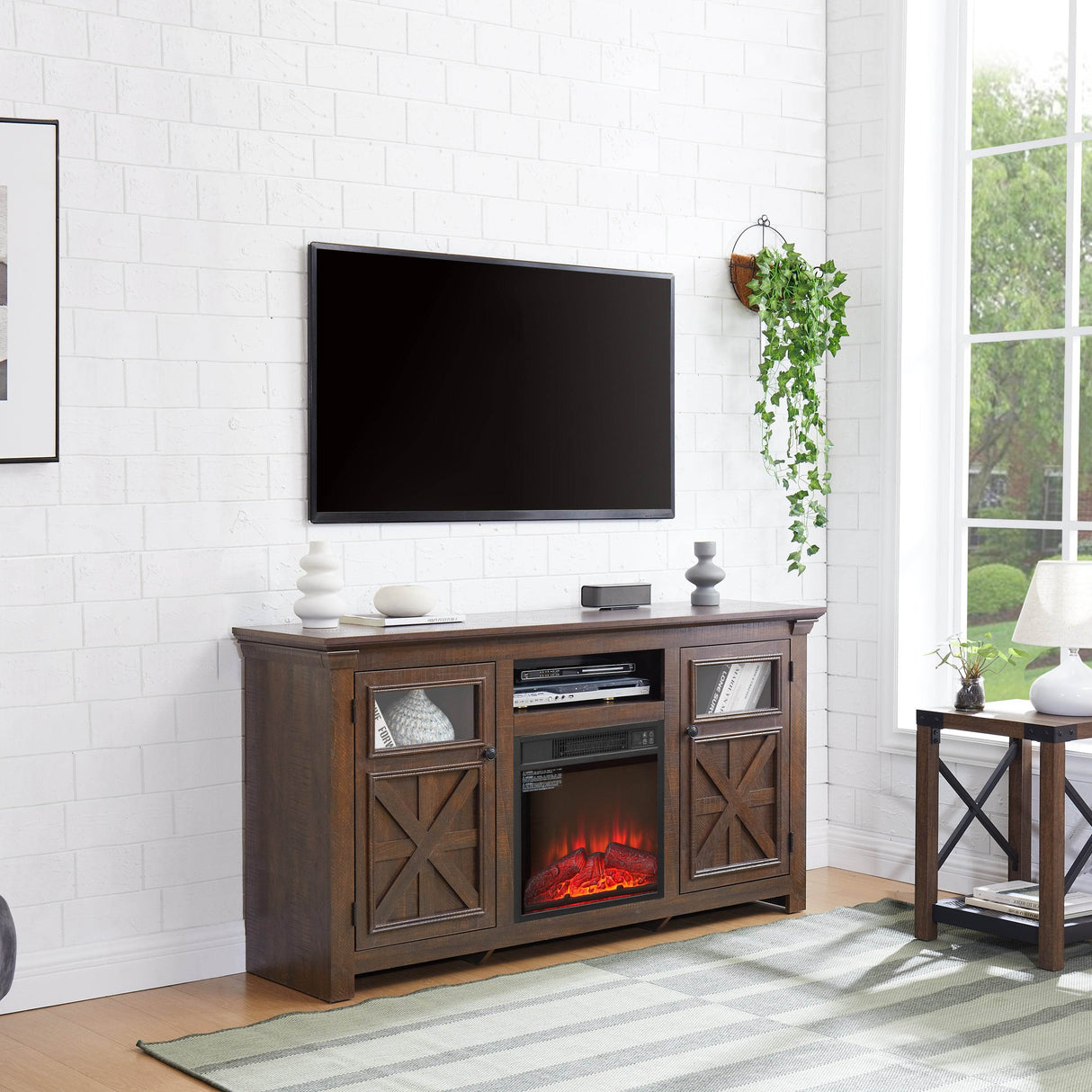Farmhouse Espresso TV Stand With Fireplace Insert - Sleep Galleria