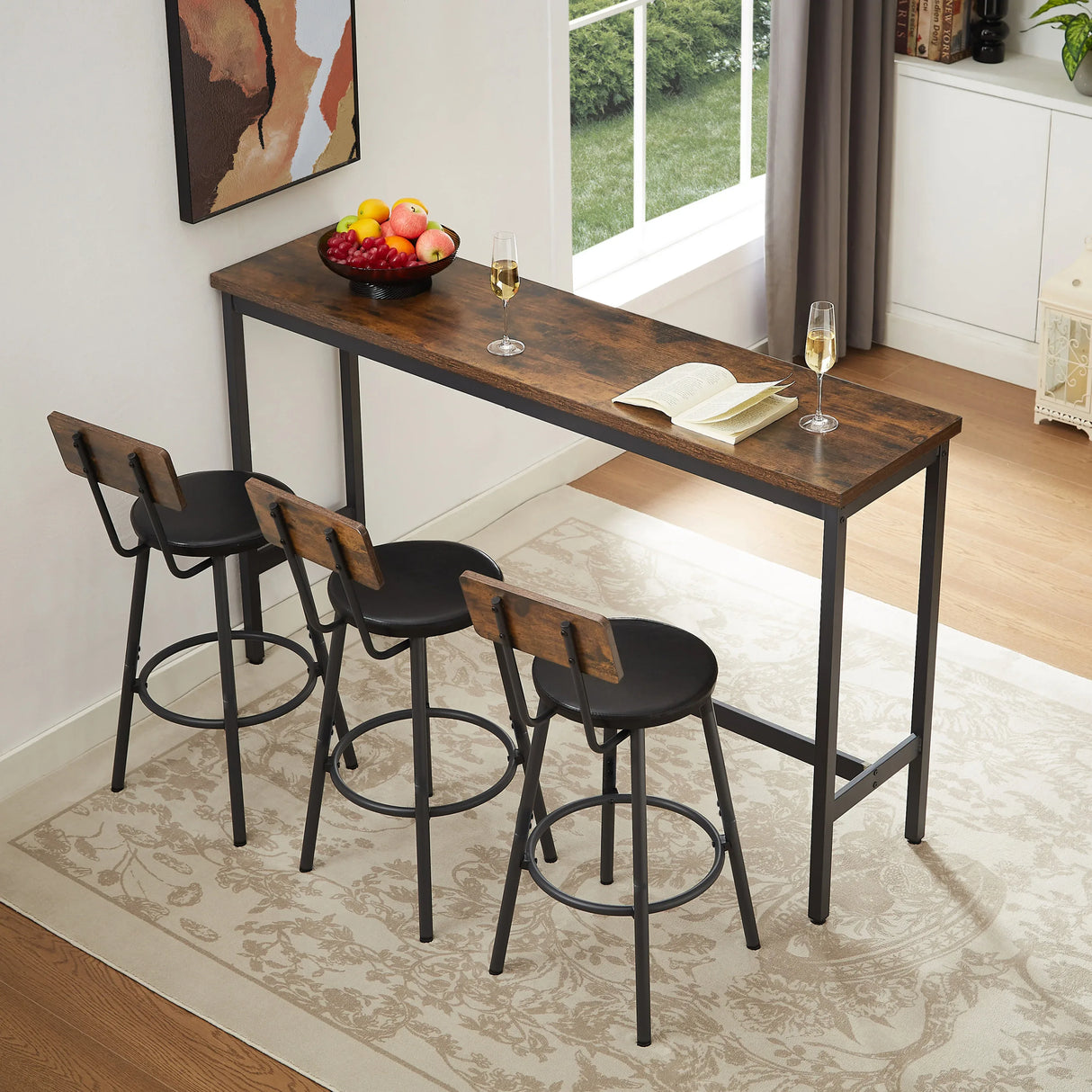 Industrial Rustic Brown Bar Table Set With 3 Upholstered Stools - Omega Lifestyles