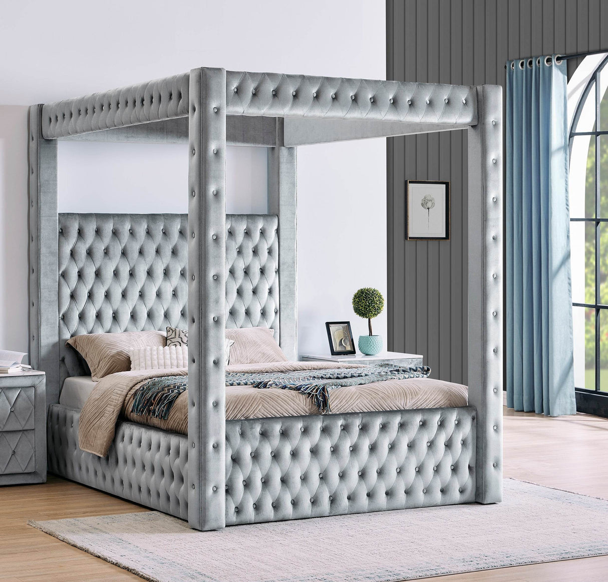 Modern Gray Velvet Upholstered Four-Poster King Bed Frame