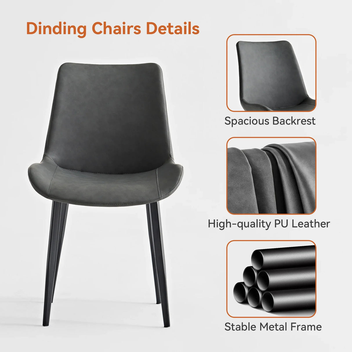 2-Piece Grey PU Leather Dining Chairs With Metal Legs - Omega Lifestyles