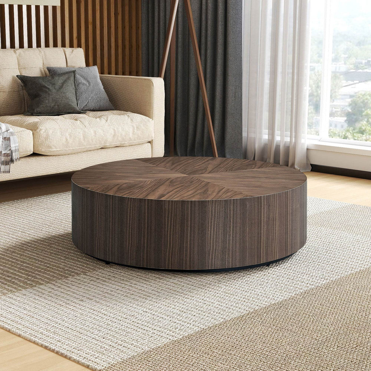 Modern Round Walnut MDF Pedestal Coffee Table 35 Inch - Sleep Galleria