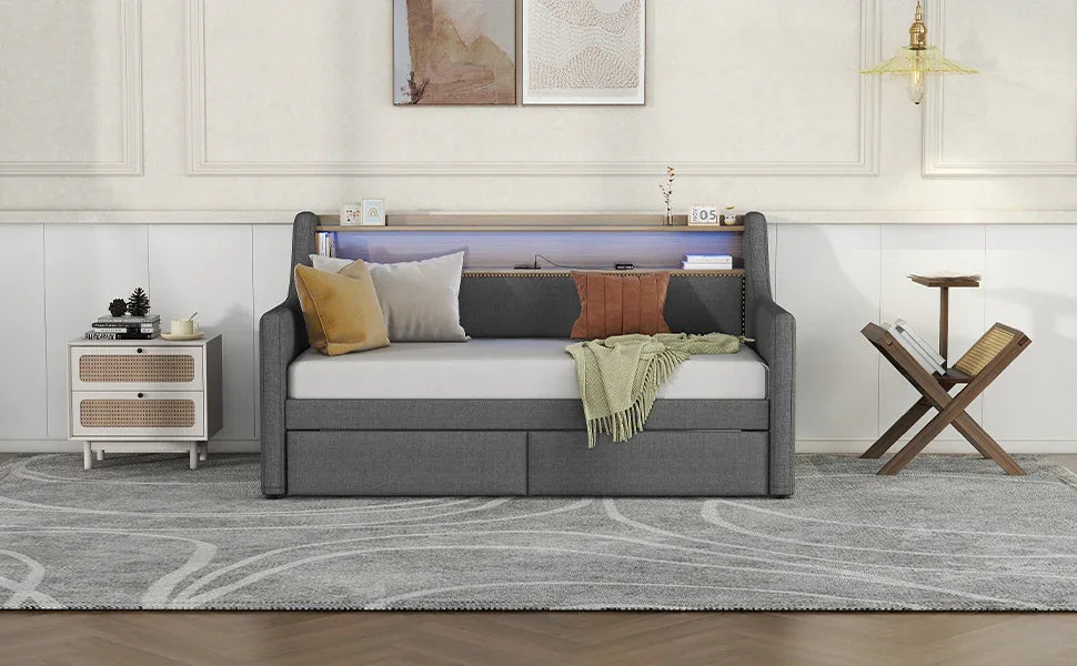 Twin Linen Upholstered Daybed With Storage Drawers Charging Station - Omega Lifestyles