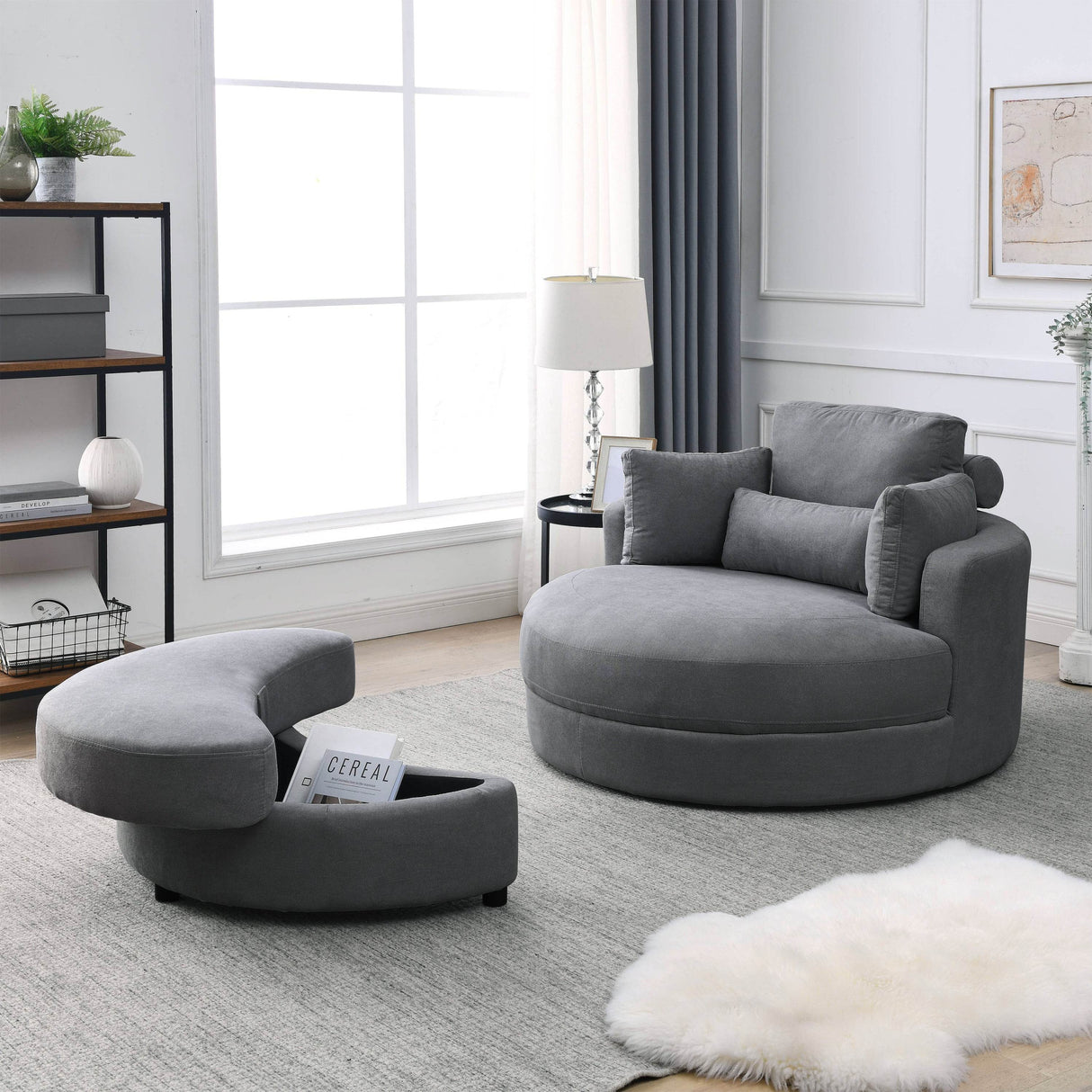 Modern Dark Grey Fabric Swivel Chair With Storage Ottoman