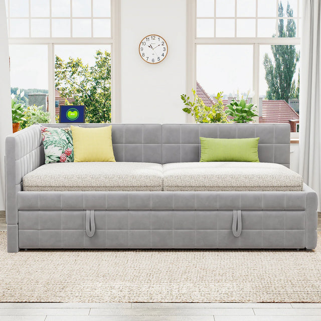 Full Upholstered L-Shaped Daybed With Twin Trundle USB Ports - Omega Lifestyles