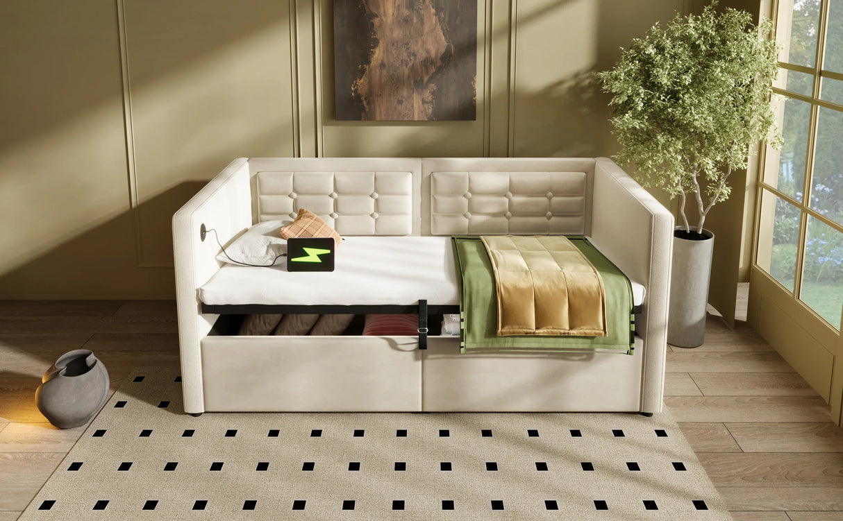 Twin Beige Velvet Upholstered Hydraulic Storage Bed Frame - Omega Lifestyles