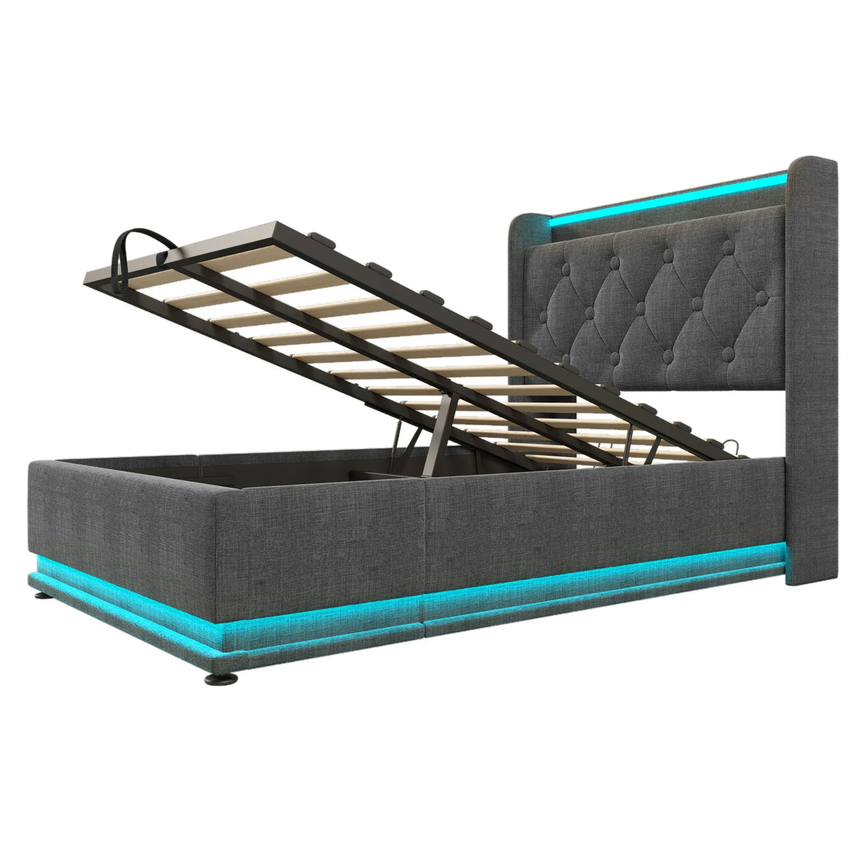 Twin Upholstered Linen Storage Bed With LED Lighting - Omega Lifestyles