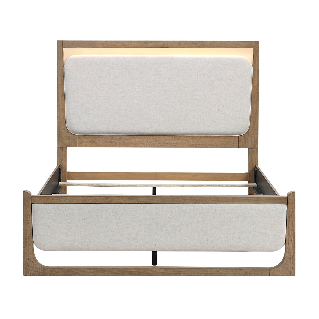 Contemporary Light Brown Wood Upholstered LED Bed Frame - Omega Lifestyles
