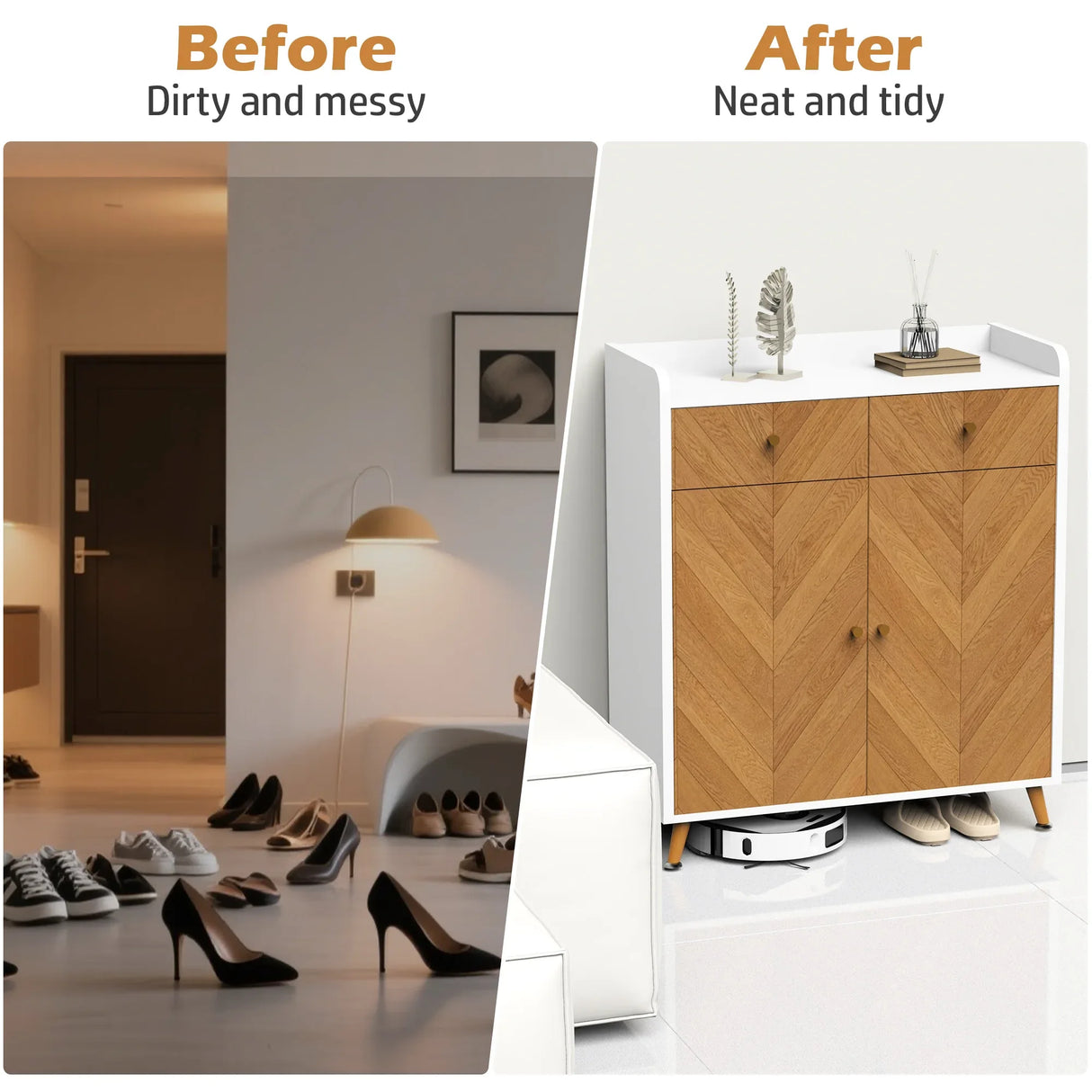 Modern White Herringbone 4-Tier Shoe Cabinet With Drawers - Omega Lifestyles