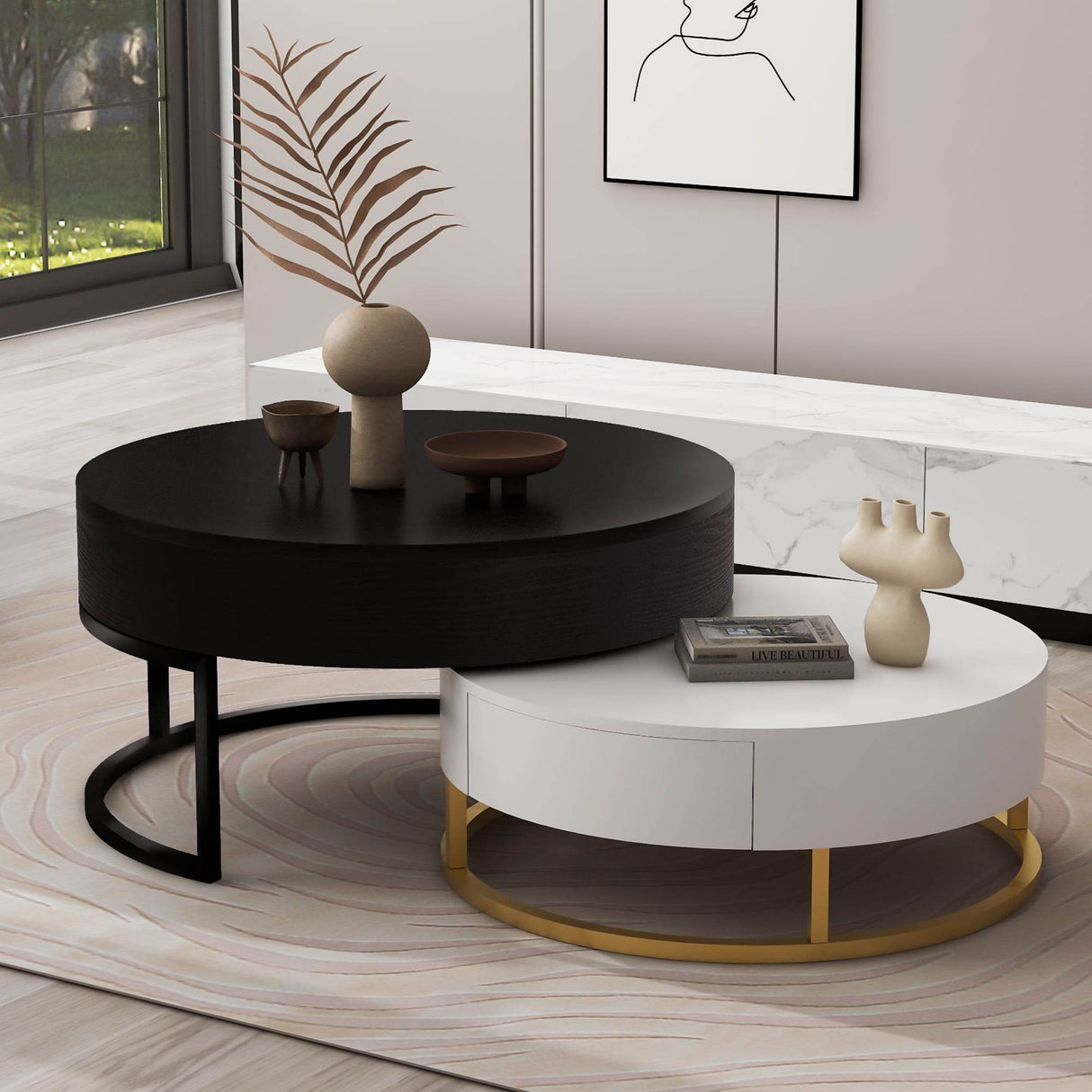 Modern Round Lift-Top Nesting Coffee Tables With Drawers - Sleep Galleria