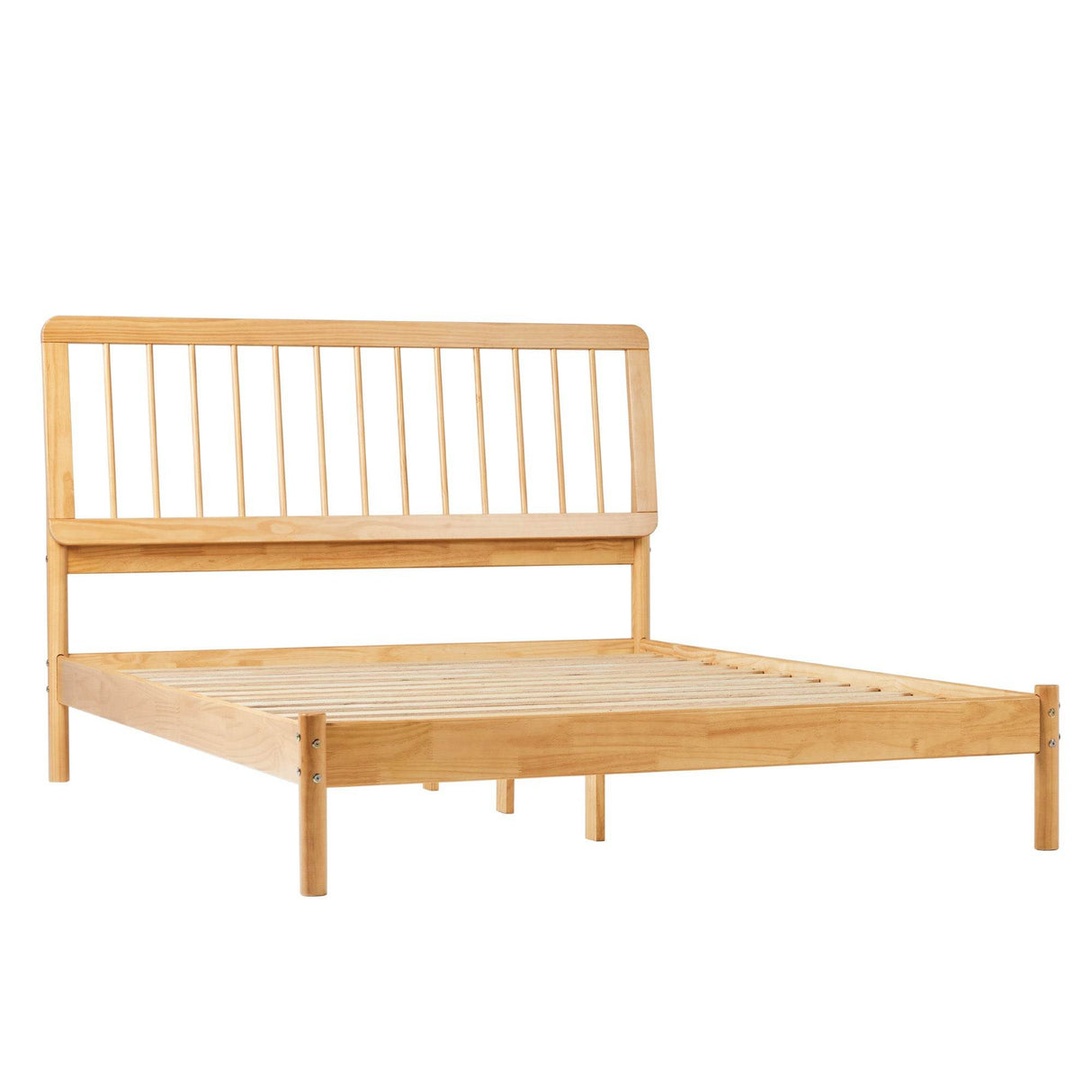 Mid-Century Modern Solid Pine Wood Queen Bed Frame