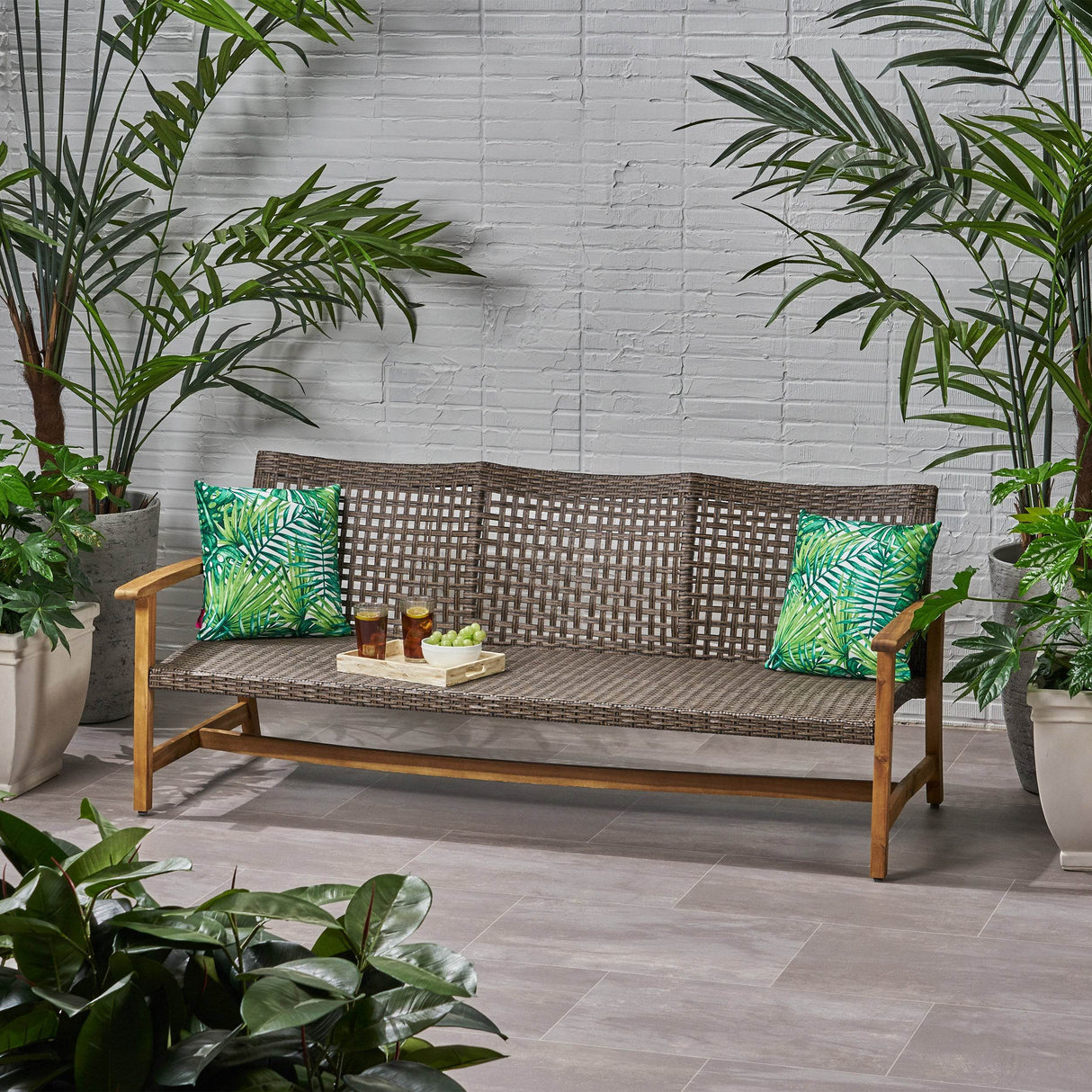 Outdoor Acacia Wood Wicker 3-Seater Patio Sofa