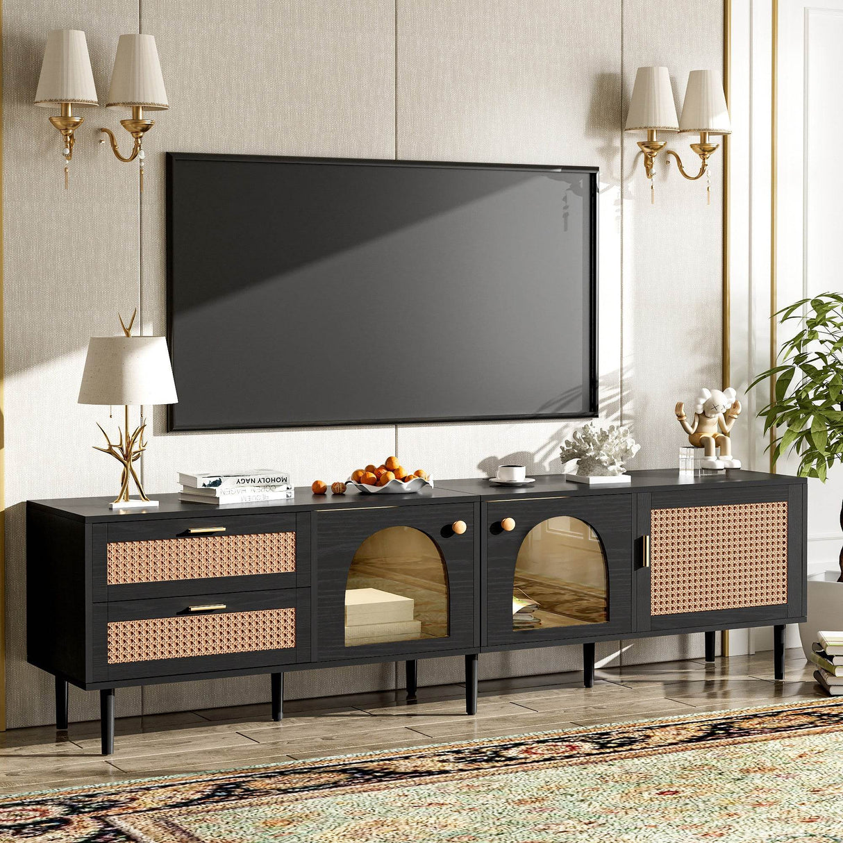 Modern Rattan-Inspired TV Stand With Storage Cabinets - Sleep Galleria