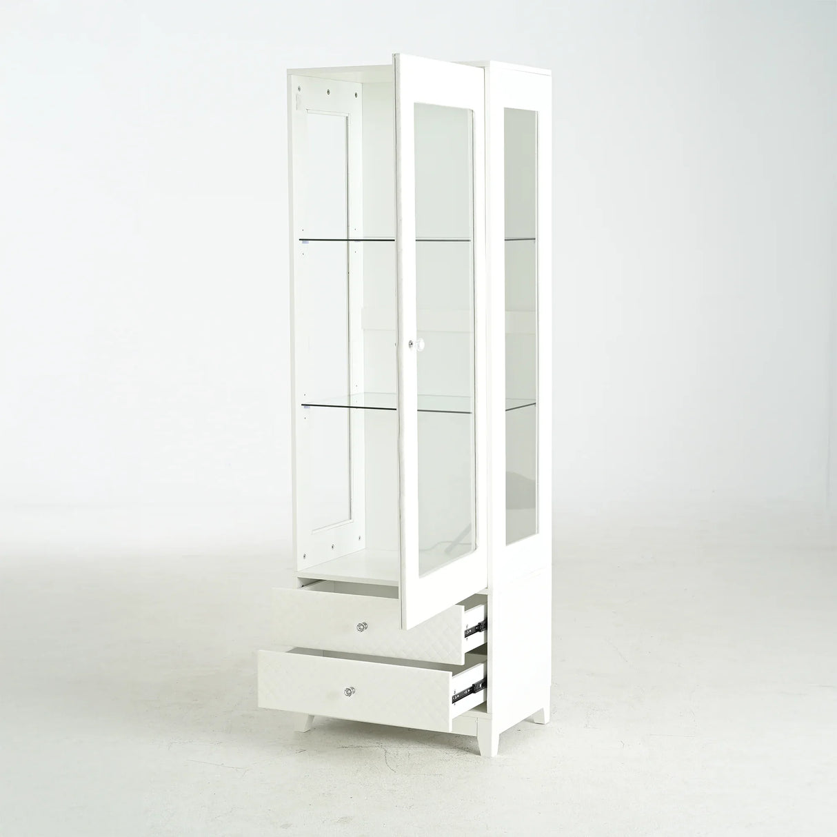 Modern Upholstered Glass Display Cabinet With Adjustable LED Light - Omega Lifestyles
