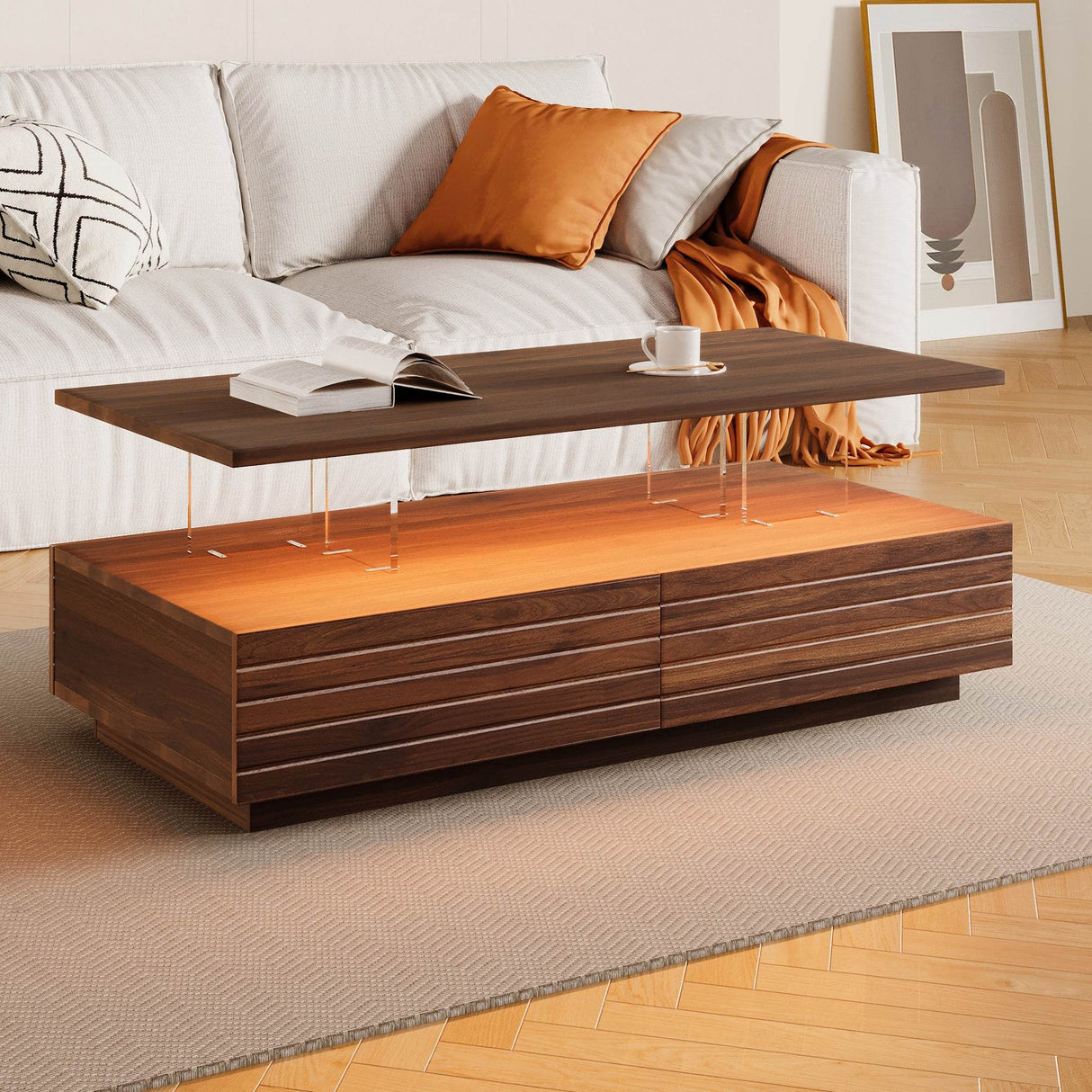 Modern Walnut Rectangle Coffee Table With LED Lights - Sleep Galleria