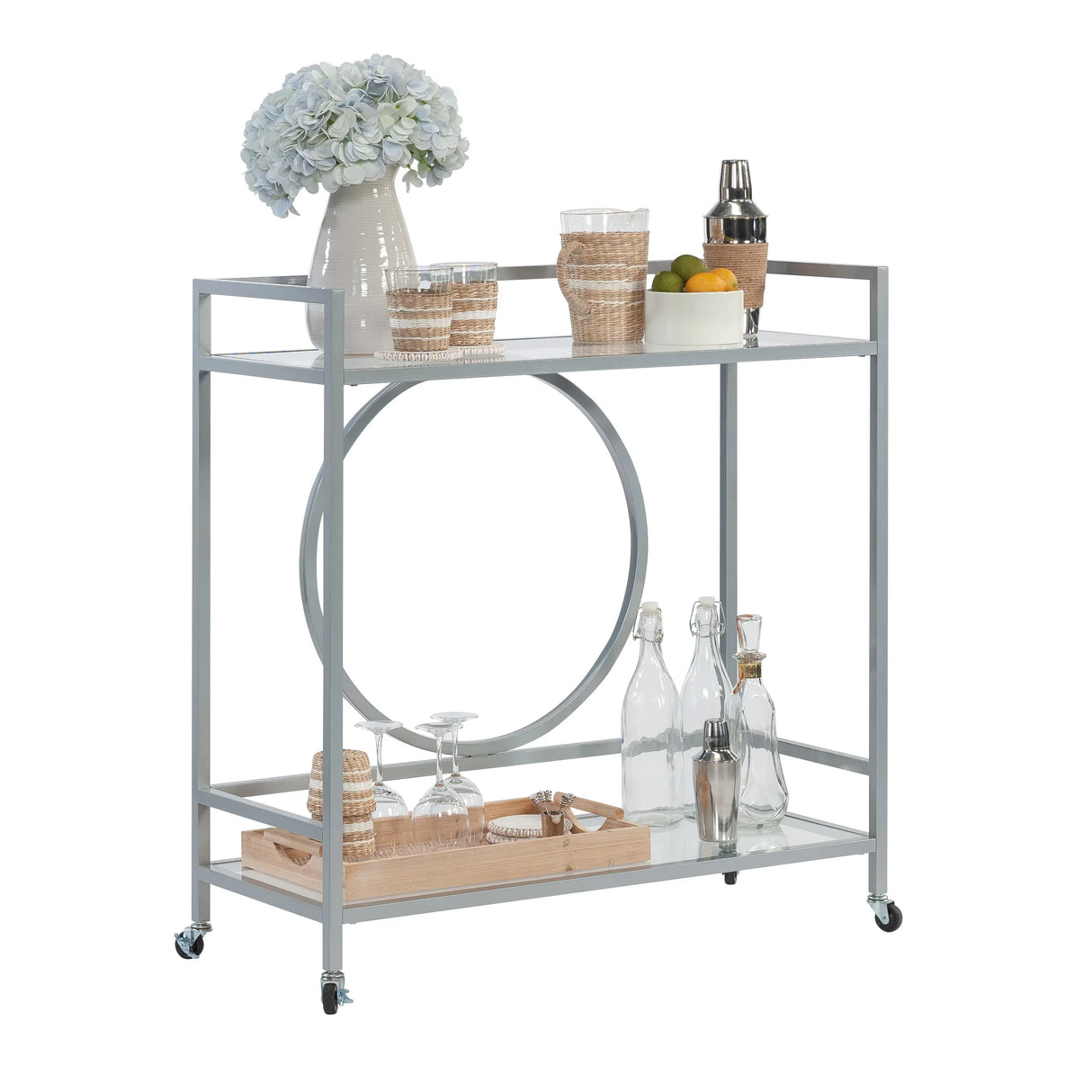 Contemporary Gray Metal Rolling Bar Cart With Shelves - Omega Lifestyles