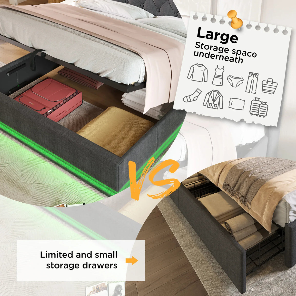 Twin Upholstered Linen Storage Bed With LED Lighting - Omega Lifestyles