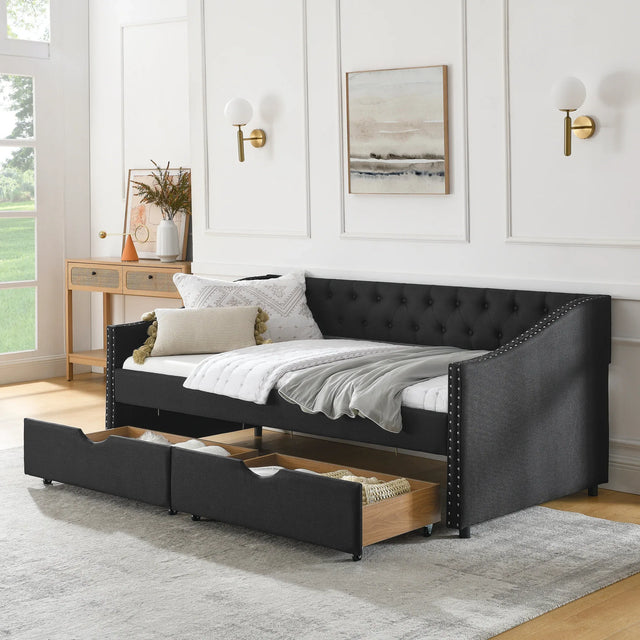 Twin Upholstered Tufted Linen Daybed With Drawers - Omega Lifestyles