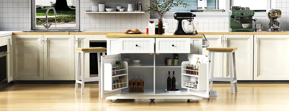 Rolling Kitchen Island Cart With Drop Leaf And Power Outlet - Omega Lifestyles