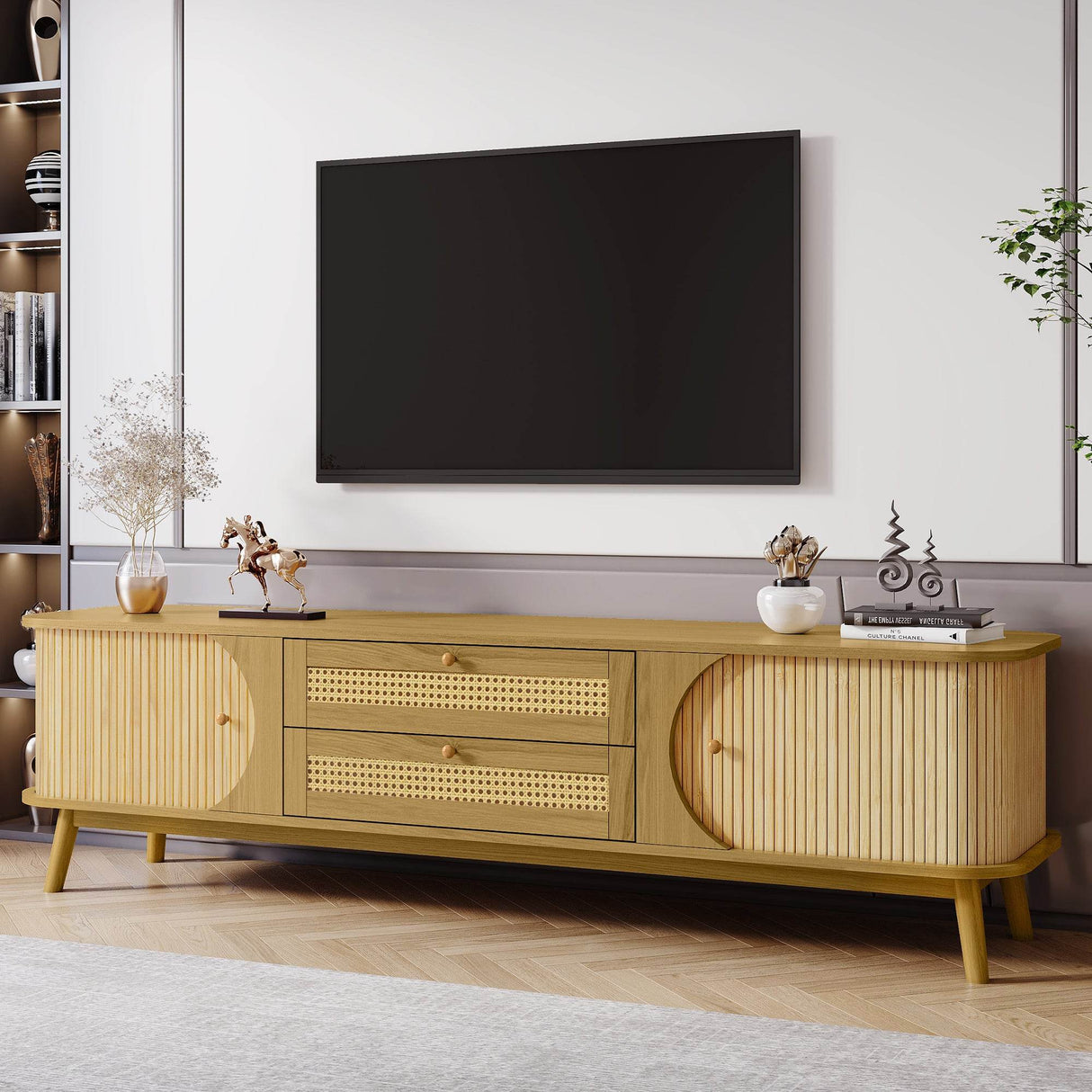 Rattan Solid Wood TV Stand With Storage Drawers - Sleep Galleria