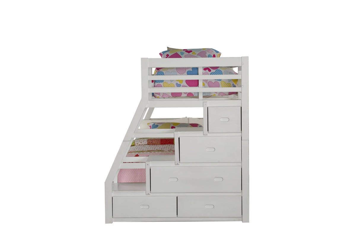 Twin Full White Synthetic Wood Bunk Bed With Trundle Storage - Omega Lifestyles