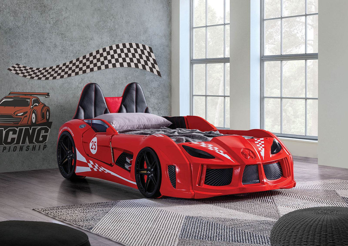 Red Twin Race Car Bed With LED Lights And Sounds