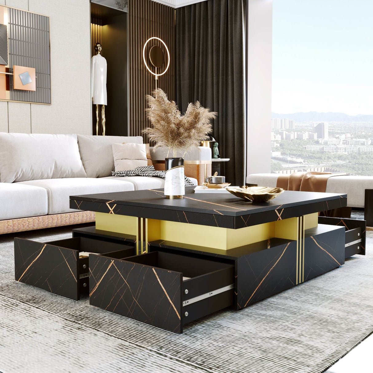 Modern Black Gold Accented Square Coffee Table With Storage - Sleep Galleria