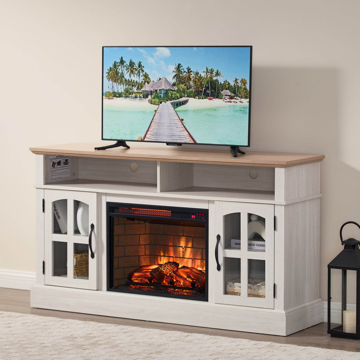 58-Inch Jasmine White Electric Fireplace TV Stand - Sleep Galleria