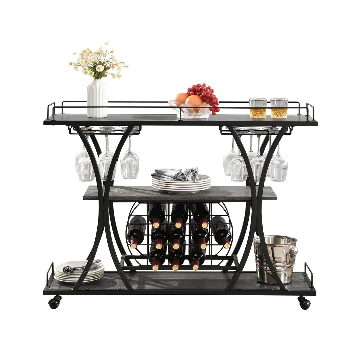 Industrial Style Mobile Iron 3-Tier Bar Cart With Casters - Omega Lifestyles