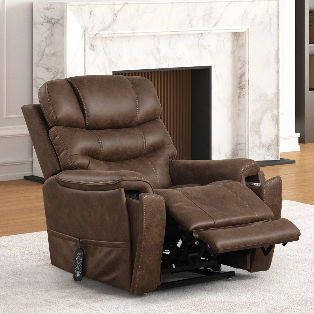 Transitional Walnut Fabric Dual Motor Lift Massage Chair - Omega Lifestyles