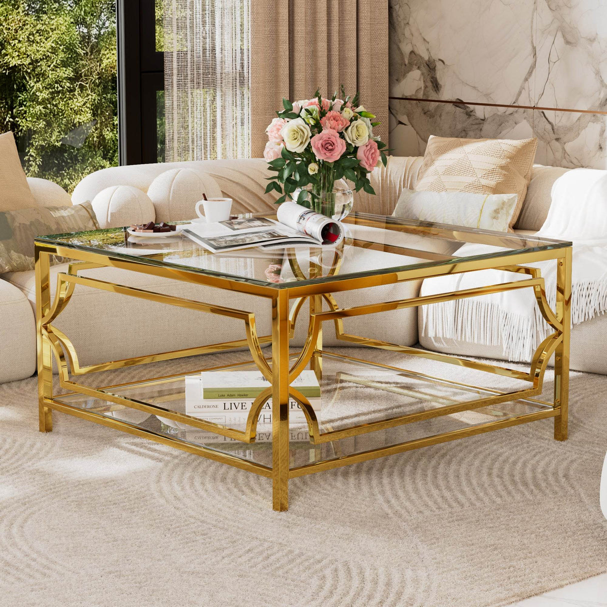 Square Tempered Glass Coffee Table With Gold Frame - Sleep Galleria