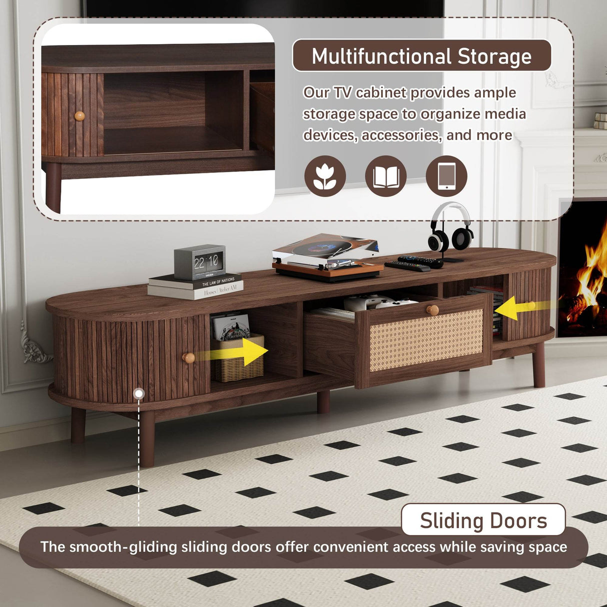 Modern Solid Wood Rattan Media Console TV Stand - Sleep Galleria