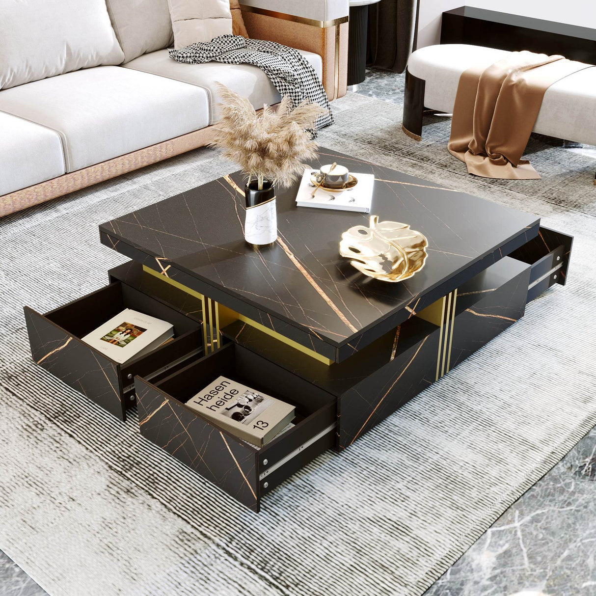 Modern Black Gold Accented Square Coffee Table With Storage - Sleep Galleria