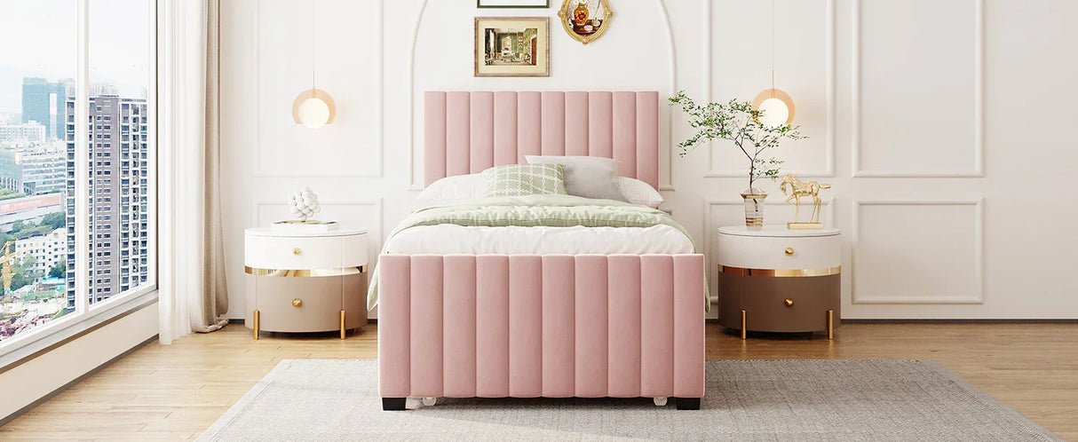 Twin Velvet Upholstered Platform Bed With Twin Trundle - Omega Lifestyles