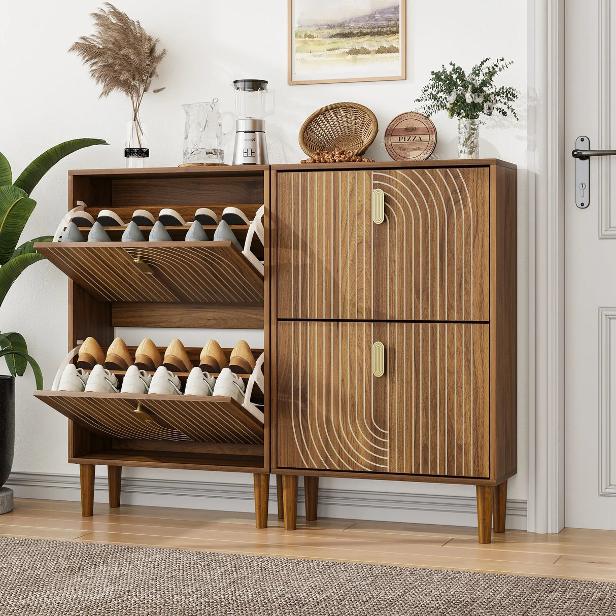 Modern Minimalist Brown Shoe Storage Cabinet With Flip Doors - Omega Lifestyles