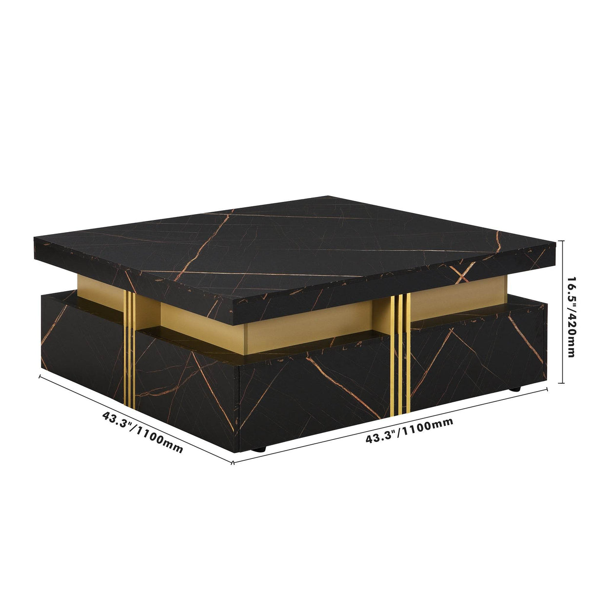 Modern Black Gold Accented Square Coffee Table With Storage - Sleep Galleria
