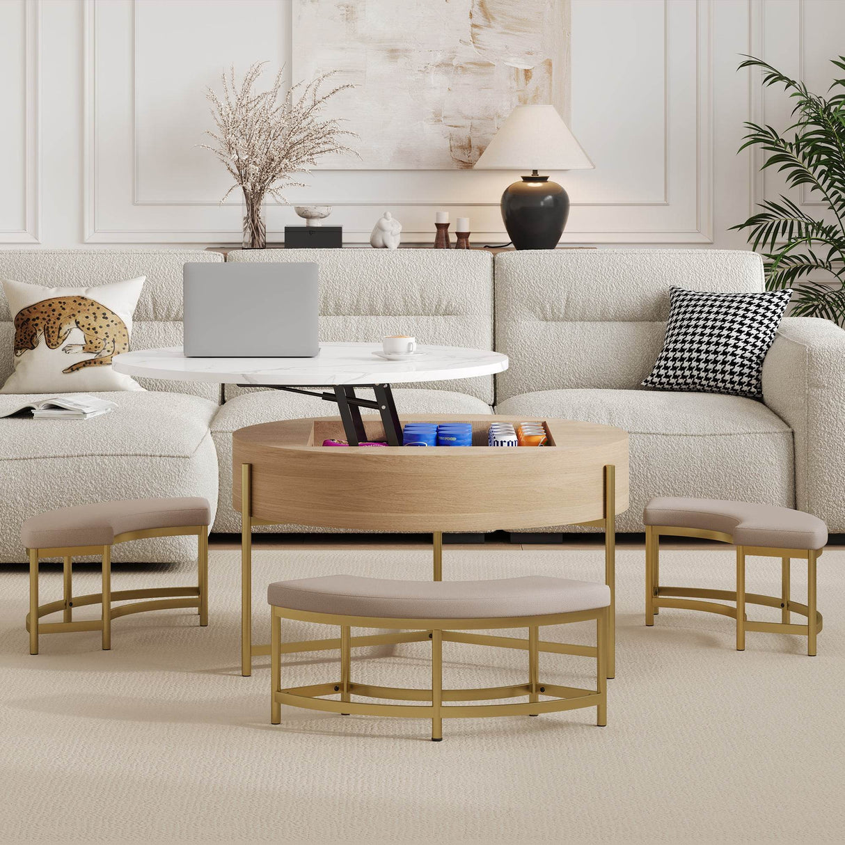 Modern Round Lift-Top Coffee Table With Storage And Ottomans - Sleep Galleria