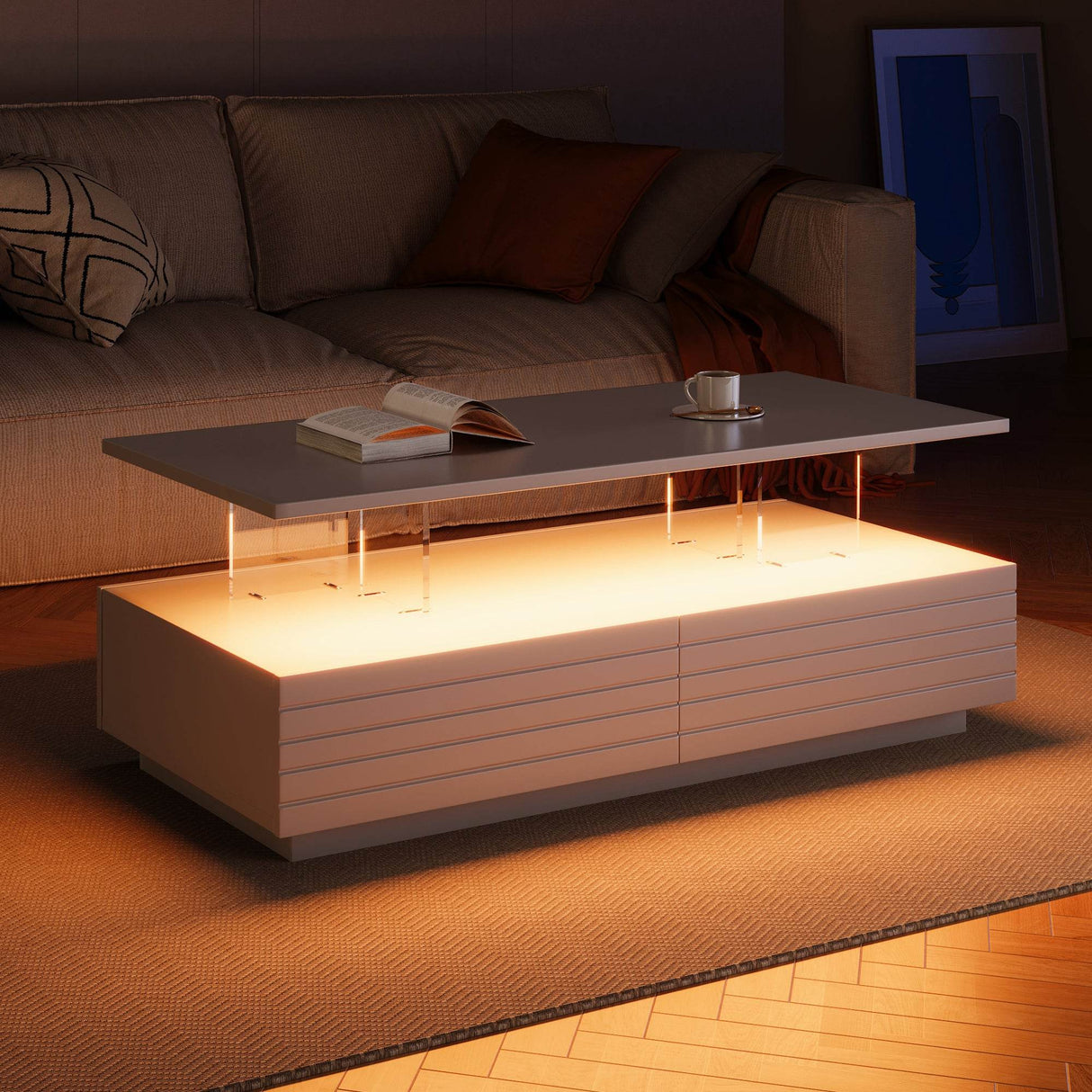 Modern White LED Lighting Coffee Table With Drawers - Sleep Galleria
