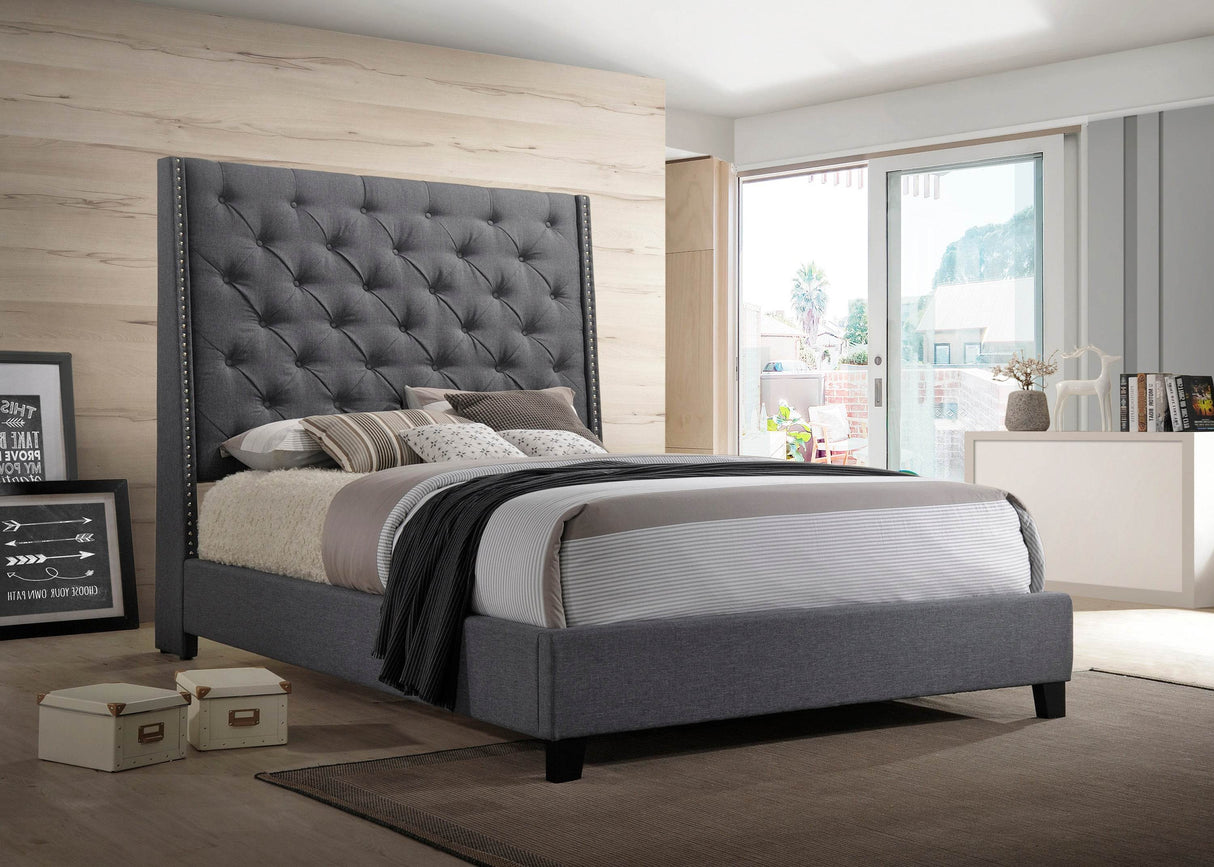 Contemporary Queen Panel Upholstered Gray Wood Bed Frame