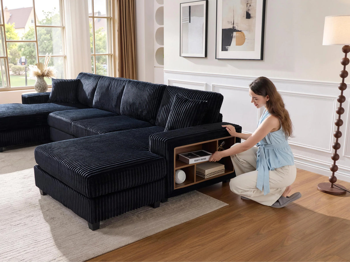 Convertible U-Shaped Corduroy Fabric 4-Seat Sofa - Omega Lifestyles