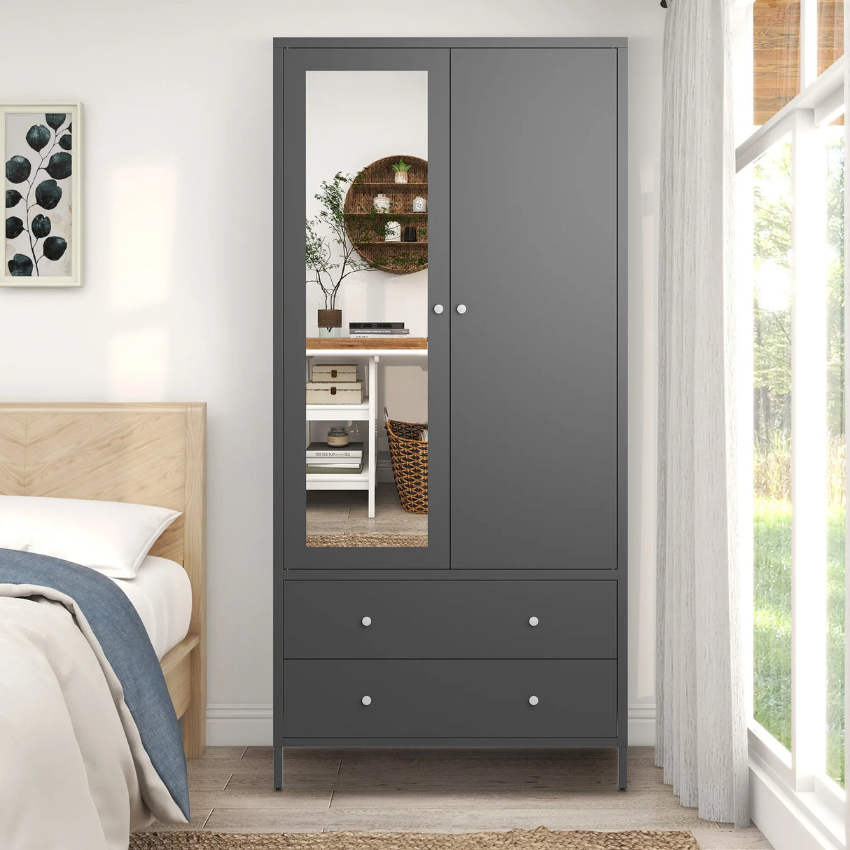 Retro Steel Armoire Wardrobe Closet With Mirror And Drawers - Omega Lifestyles
