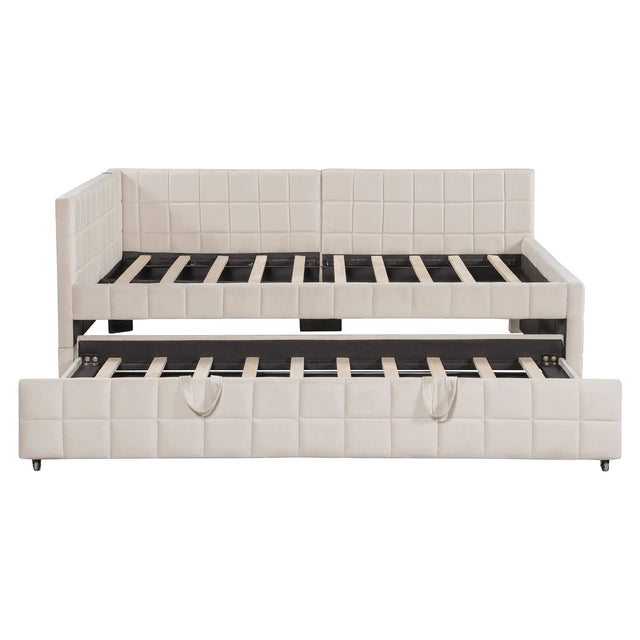 Full Upholstered L-Shaped Daybed With Twin Trundle and USB Ports - Omega Lifestyles